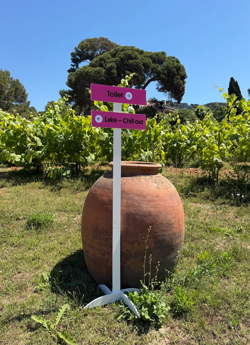 Pink signage pointing guests towards the toilets and the lake chill-out area